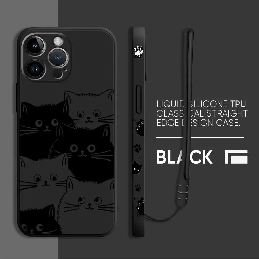 Peeking Black Cat Phone Case With Side Paw Print Design and Wrist Lanyard