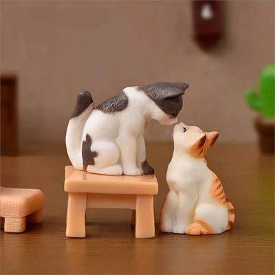Miniature Cat Figurines with Tiny Stool and Book, Resin Set