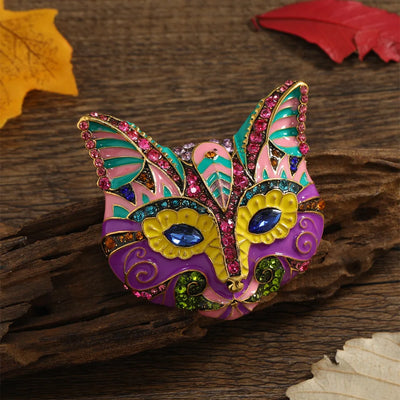 Red Rhinestone Cat Mask Brooch, Vintage-Style Crystal Cat Face Pin
