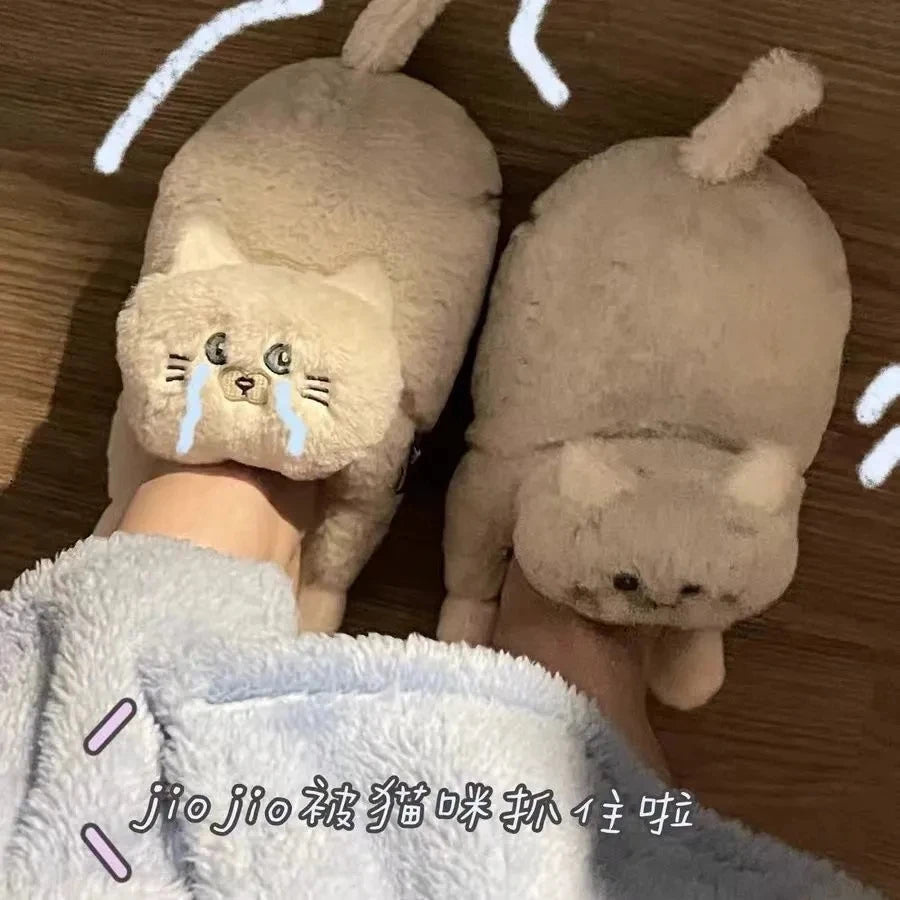 Hug Cat Slippers for Women, Cute Plush Winter House Shoes