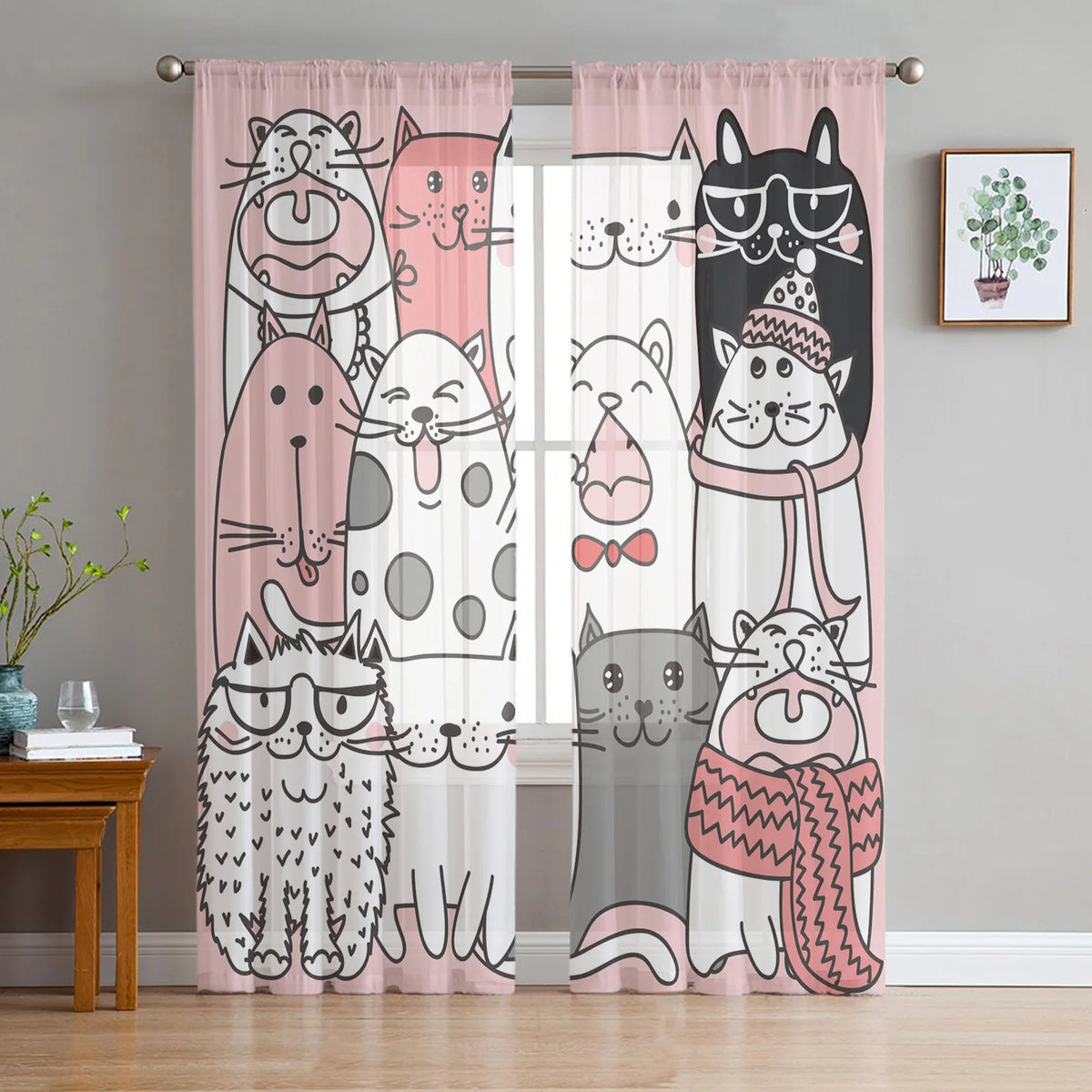 Cartoon Cat Sheer Curtains, Printed Voile Window Panels Set of 2