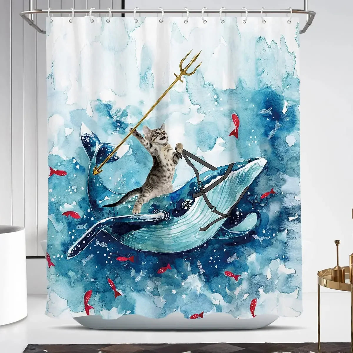 Shark Riding Cat Shower Curtain, Funny Gift for Cat Lovers