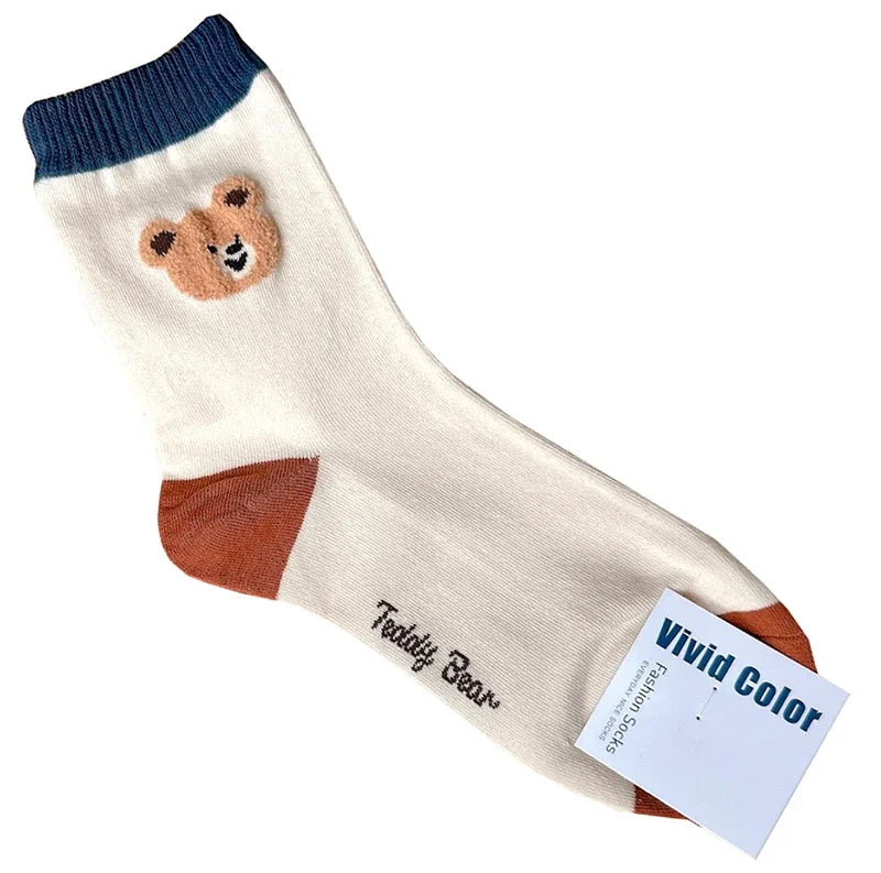 Cute Cartoon Bear Socks for Women, Cotton Blend Ankle Socks