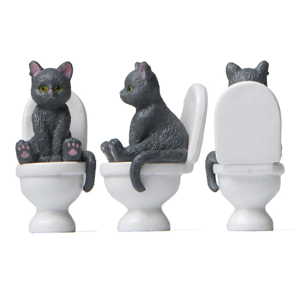 Cat on Toilet Figurine, Funny Mini Bathroom Cat Ornament