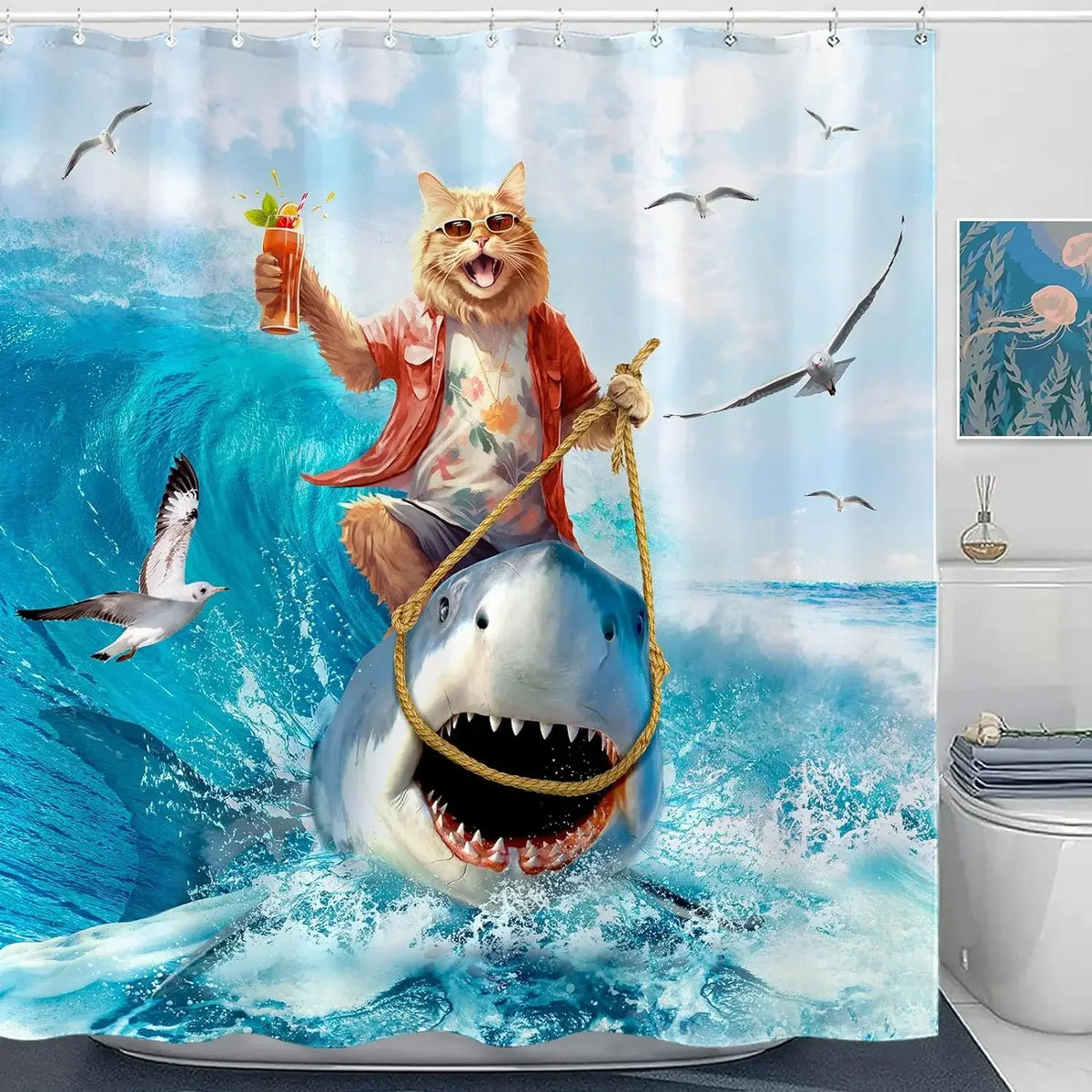 Cute Cat and Dinosaur Shower Curtain with 12 Hooks Included
