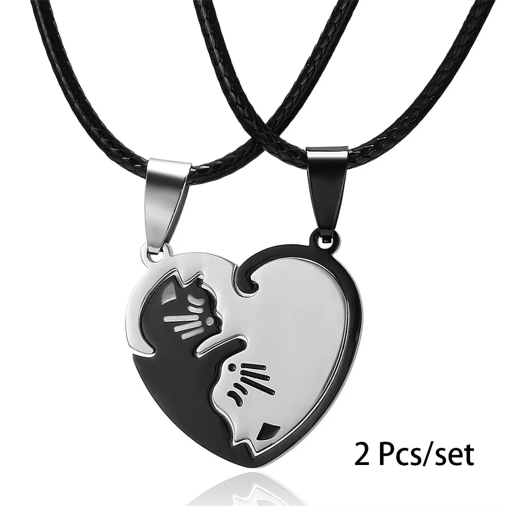 Matching Cat Couple Necklaces, 2-Piece Interlocking Gold and Silver-Tone Pendants