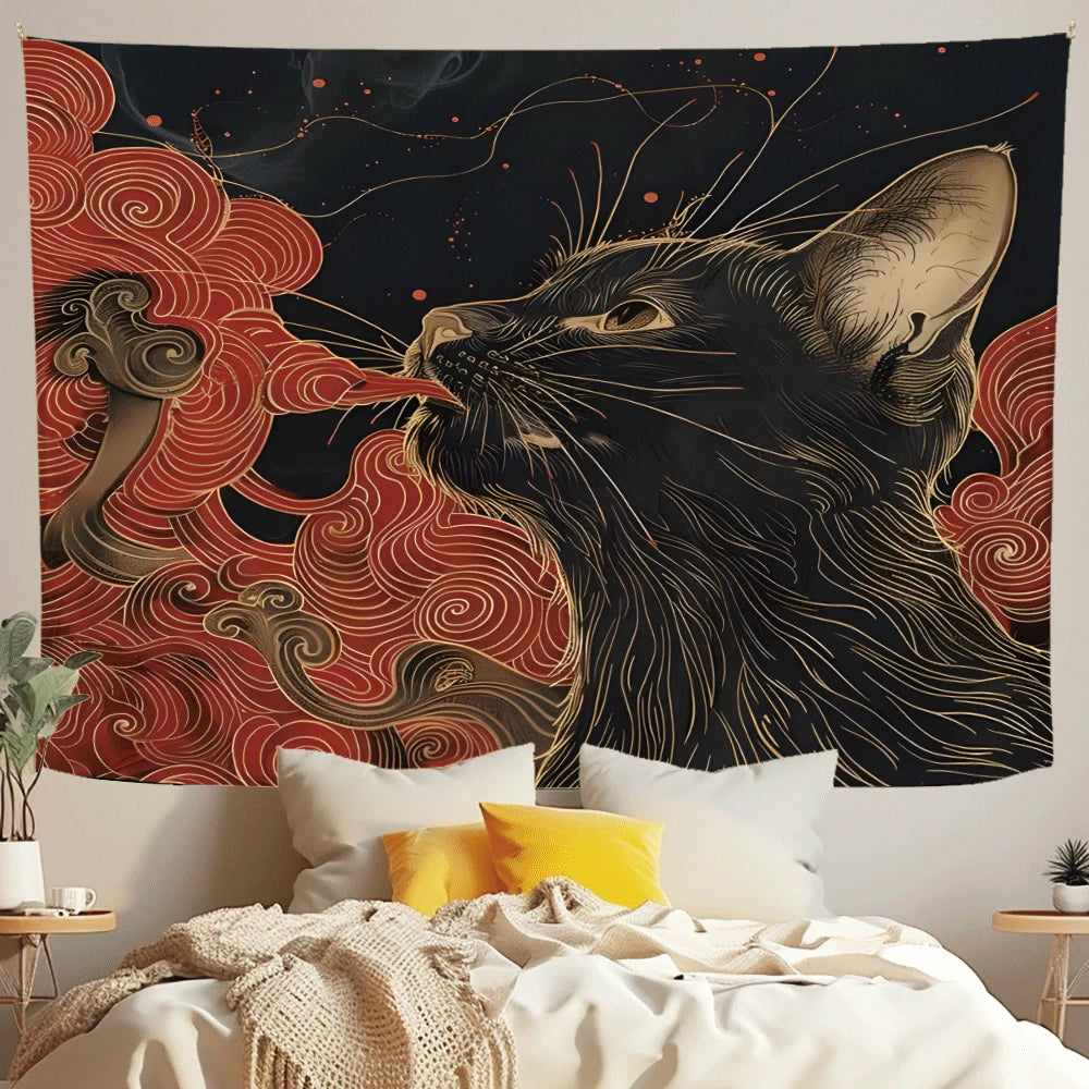 Ukiyo-e Cat Tapestry, Japanese Cat Swallowing the Great Wave Wall Hanging