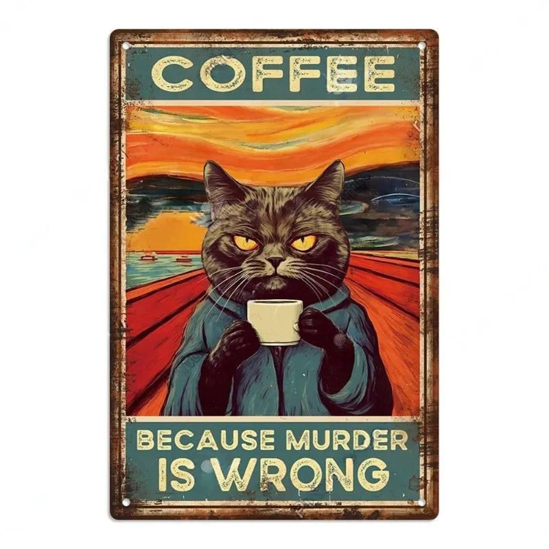 Coffee Cat Tin Sign, Retro Metal Kitchen and Cafe Wall Decor