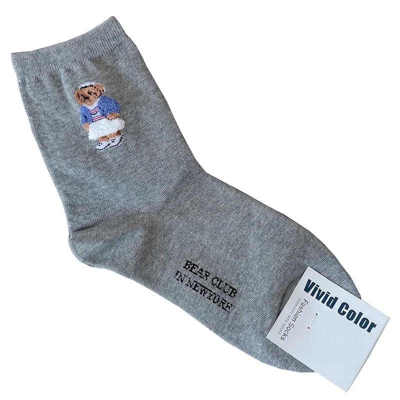Cute Cartoon Bear Socks for Women, Cotton Blend Ankle Socks