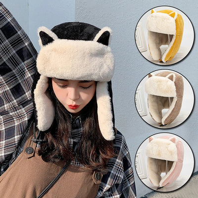 Cat Ear Trapper Hat with Thick Ear Flaps, Unisex Winter Cap