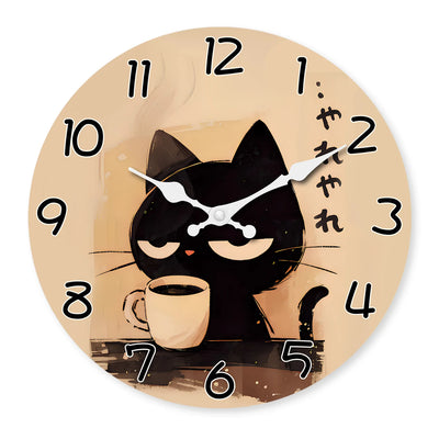 Black Cat Coffee Wall Clock, Sleepy Cat With Coffee Cup Clock