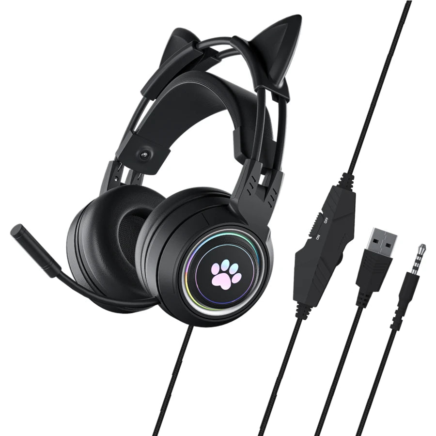 JINSERTA Cat Wallet Cat Ear Gaming Headphones – RGB Wired Headset with Mic, 50mm Drivers, 3.5mm Connection for PC & Phone