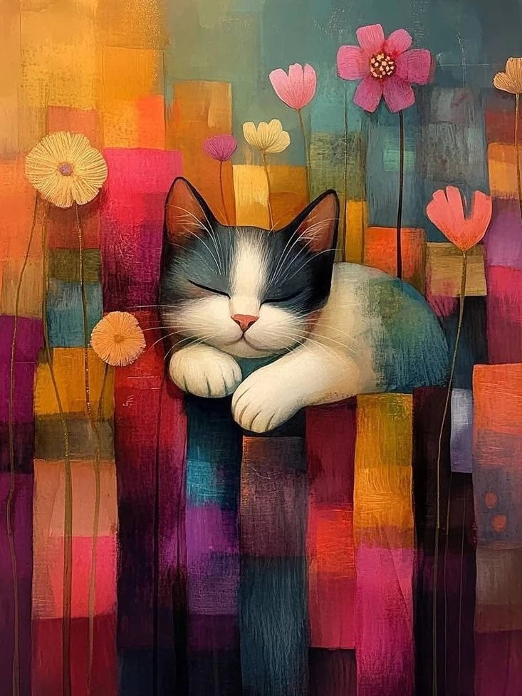Geometric Cat Diamond Painting Kit, 5D Round Drill Wall Art