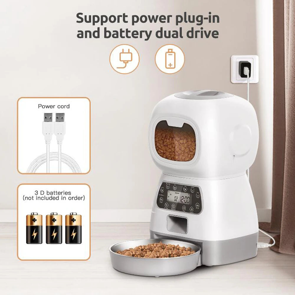 3.5L Automatic Cat Feeder With Timer, Stainless Steel Bowl and Voice Recorder