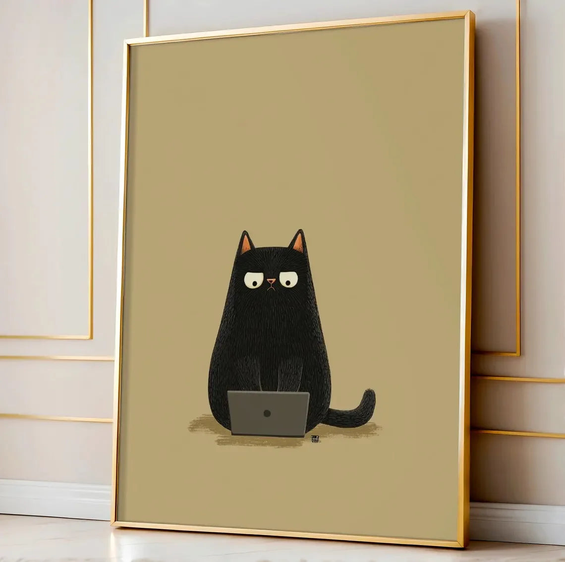 Black Cat Poster on Bold Orange, Funny Minimalist Cat Art Print