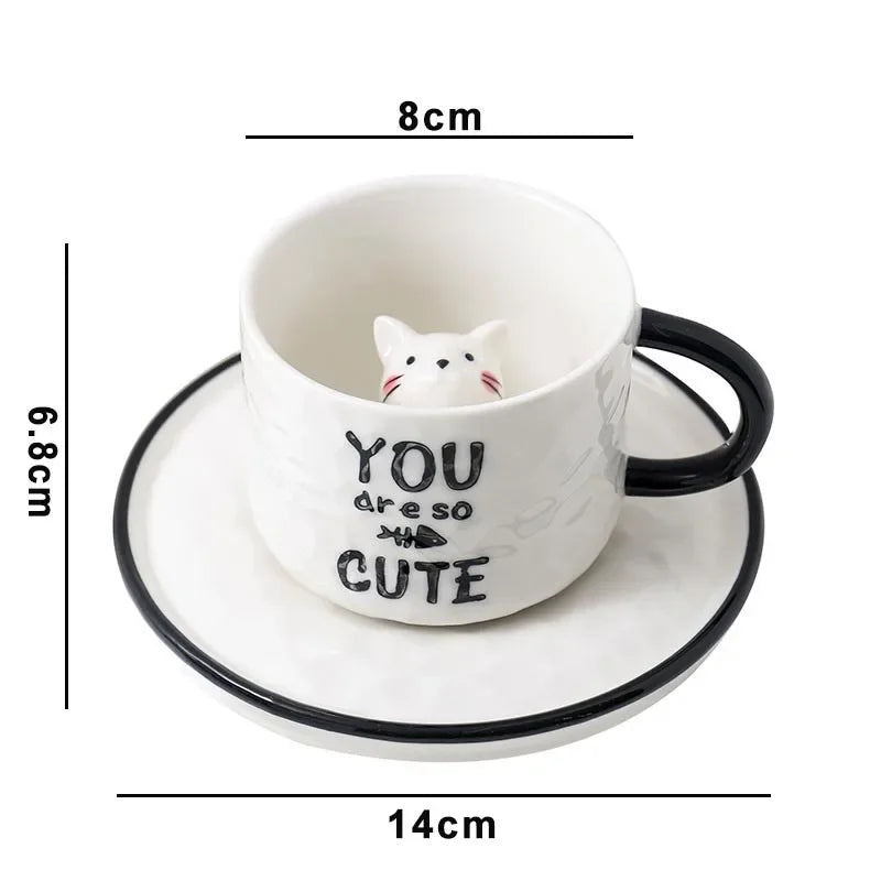 Hidden Kitten Cup and Saucer, Ceramic Coffee Cup With 3D Cat Inside