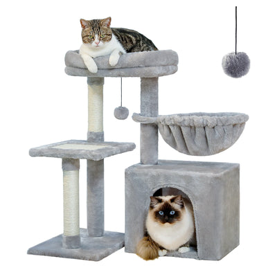 Small Cat Tree for Indoor Cats – 3-Tier Cat Tower with Scratching Posts, Cozy Hammock & Removable Top Perch