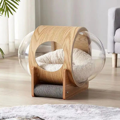 Space Capsule Cat Bed with Clear Dome and Scratching Post