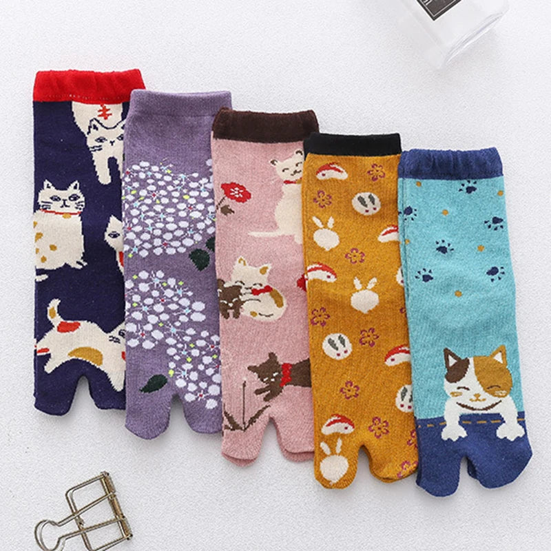 Cute Cat Tabi Socks 5 Pack, Two-Toe Socks for Flip-Flops