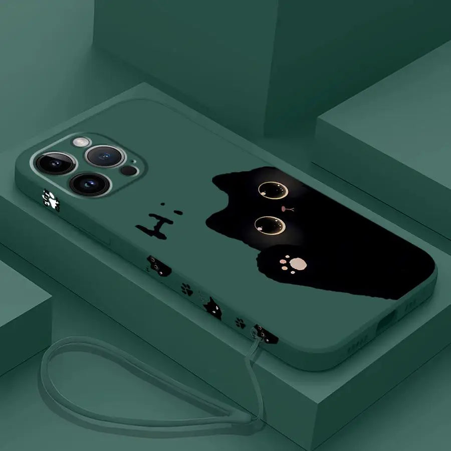 Peeking Black Cat Phone Case With Side Paw Print Design and Wrist Lanyard
