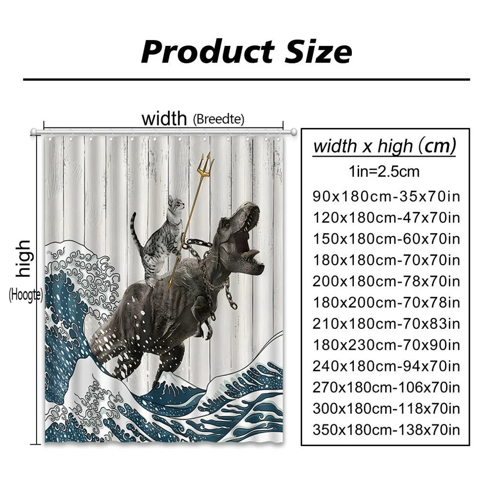 Funny Cat Riding a T-Rex Shower Curtain, Japanese Wave Decor