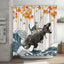 Funny Cat Riding a T-Rex Shower Curtain, Japanese Wave Decor