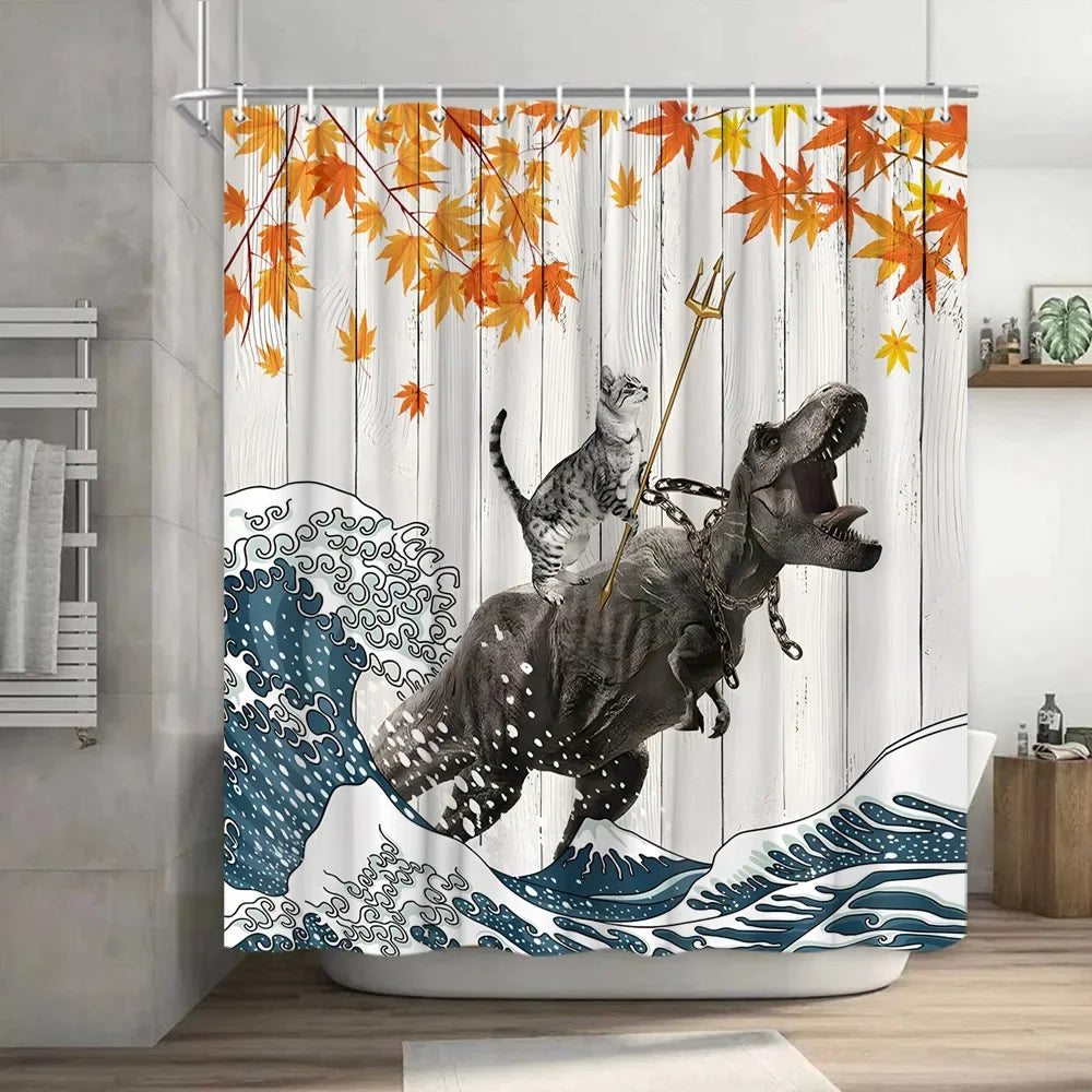 Funny Cat Riding a T-Rex Shower Curtain, Japanese Wave Decor