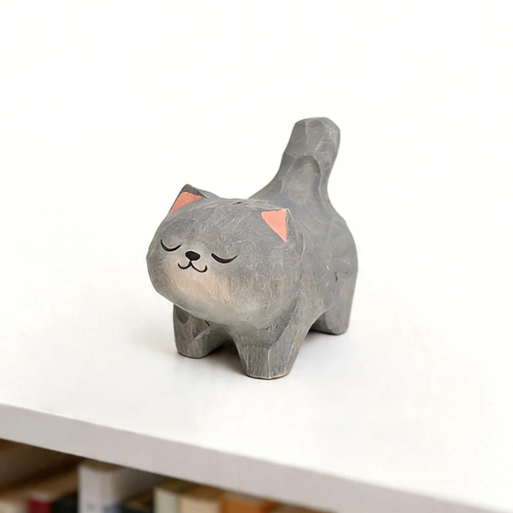 Hand-Carved Wooden Cat Figurine, 8 Breeds in Painted Basswood