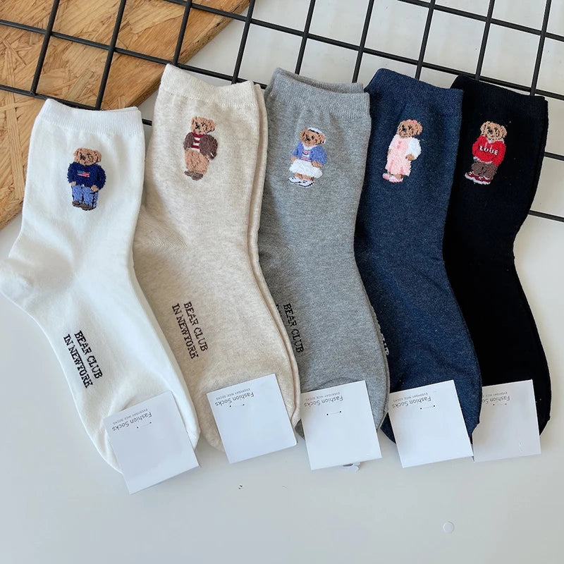 Cute Cartoon Bear Socks for Women, Cotton Blend Ankle Socks