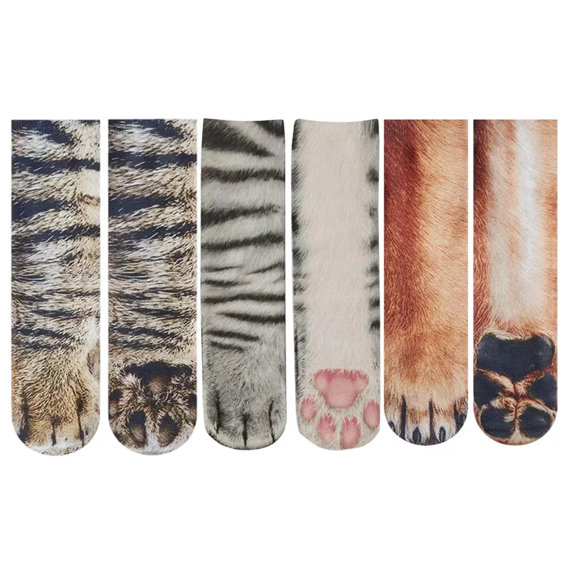 Funny 3D Cat Paw Socks, Printed Animal Paw Crew Socks