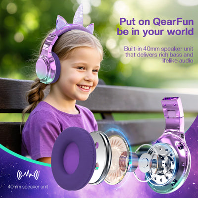QearFun Cat Wallet Kids Bluetooth Headphones – Cat Ear & Unicorn Wireless Headset with Volume Limiting, 40mm Drivers & Mic