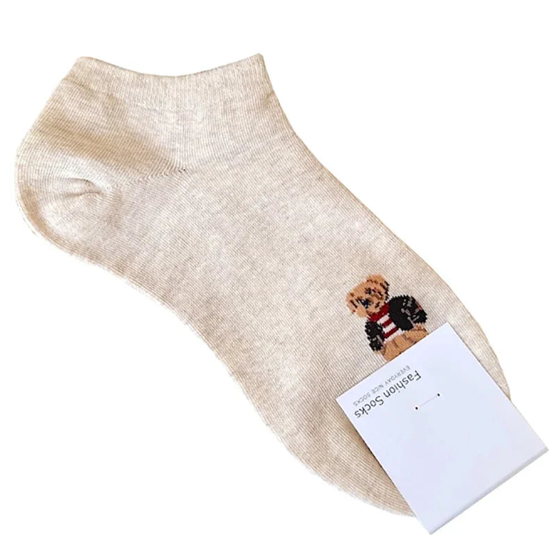 Cute Cartoon Bear Socks for Women, Cotton Blend Ankle Socks