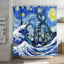Funny Cat Riding a T-Rex Shower Curtain, Japanese Wave Decor