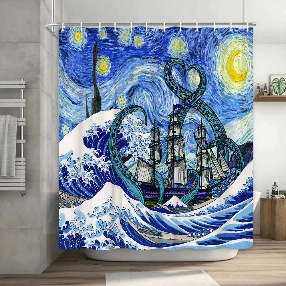 Funny Cat Riding a T-Rex Shower Curtain, Japanese Wave Decor