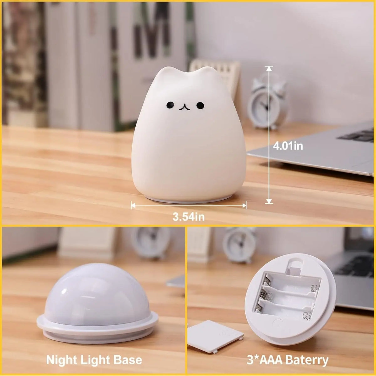Silicone Cat Night Light, Tap-to-Change 7-Color and Warm White Lamp