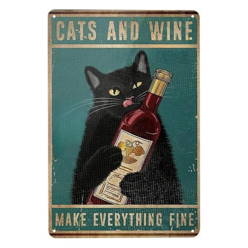 Cats and Wine Vintage Metal Sign, 8 x 12 Inch Bar Wall Decor
