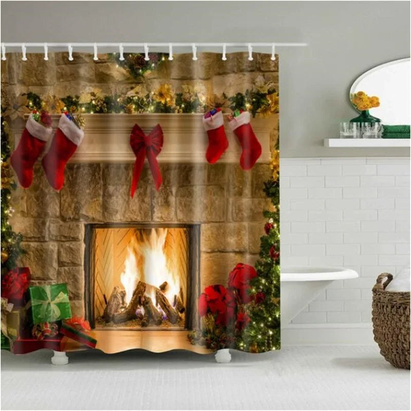 Christmas Shower Curtain with Snowman and Santa, Hooks Included