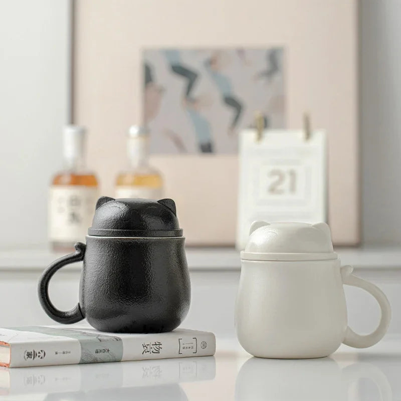 Lucky Cat Tea Mug With Infuser and Lid, Ceramic Tea Cup