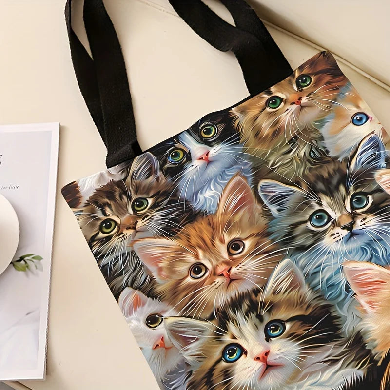 All-Over Kitten Print Tote Bag, Reusable Shopping Bag