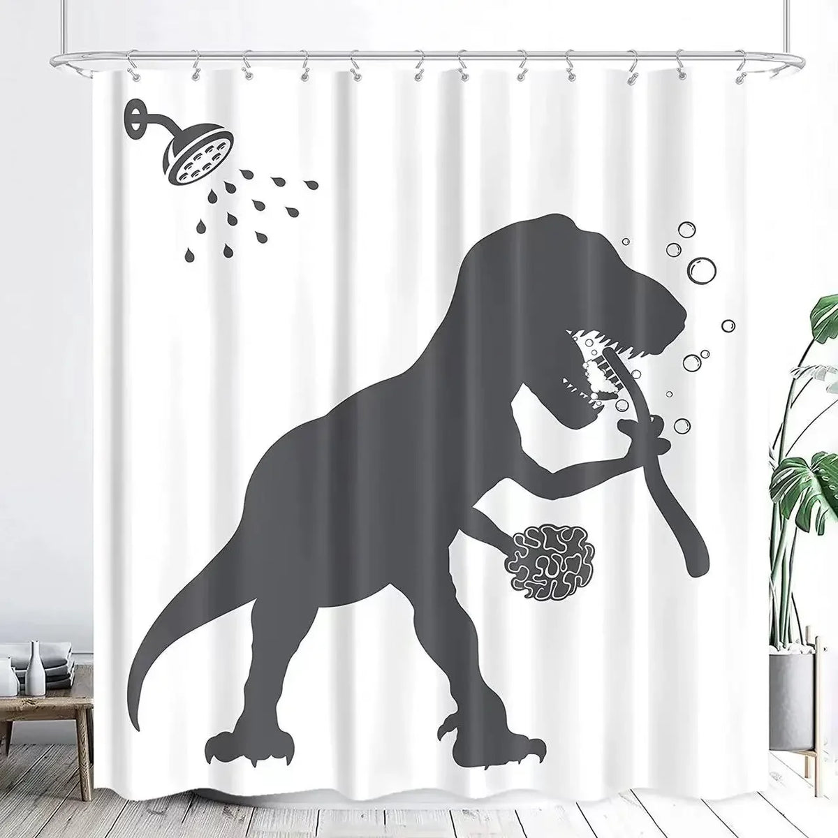 Funny Cat Riding a T-Rex Shower Curtain, Japanese Wave Decor