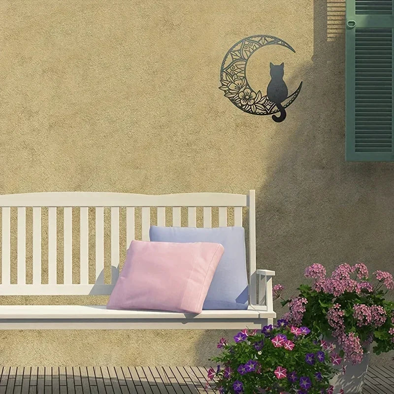 Black Cat on the Moon Metal Wall Art, Floral Crescent Decor