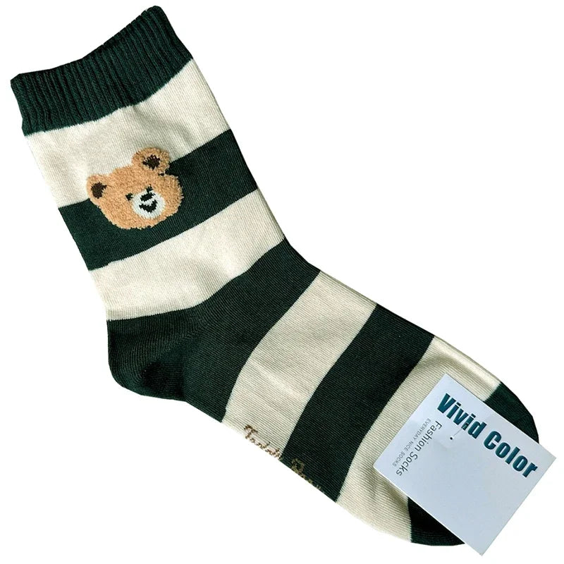 Cute Cartoon Bear Socks for Women, Cotton Blend Ankle Socks