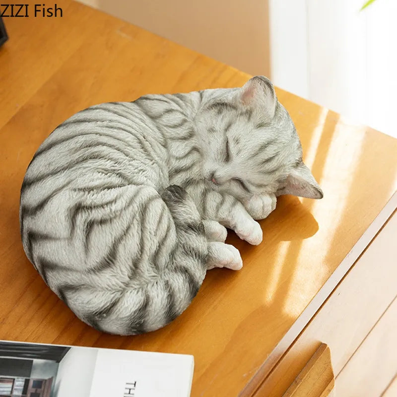Lifelike Sleeping Cat Statue, Silver Tabby Resin Figurine 8 Inch
