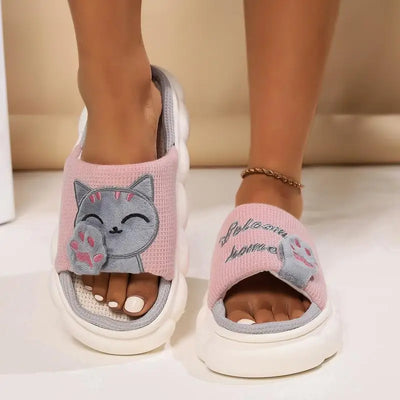 Embroidered Cat Slippers with Hemp Insole and Low Platform