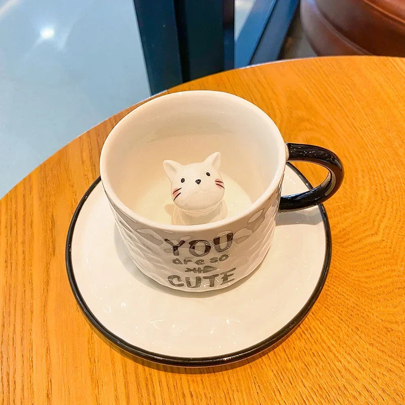 Hidden Kitten Cup and Saucer, Ceramic Coffee Cup With 3D Cat Inside