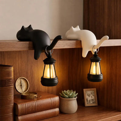 Black Cat Shelf Sitter With Lantern Light, Lounging Cat Night Lamp Decor