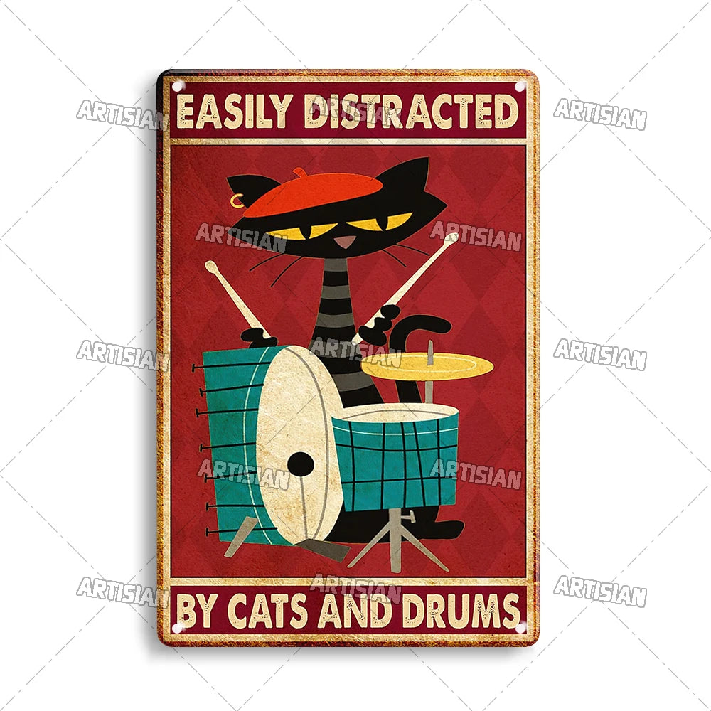 Black Cat Vintage Tin Plate, Horizontal Retro Wall Sign Gift