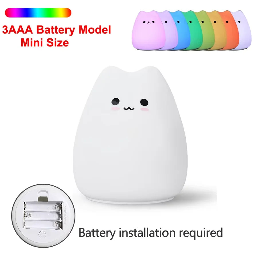 Silicone Cat Night Light, Tap-to-Change 7-Color and Warm White Lamp