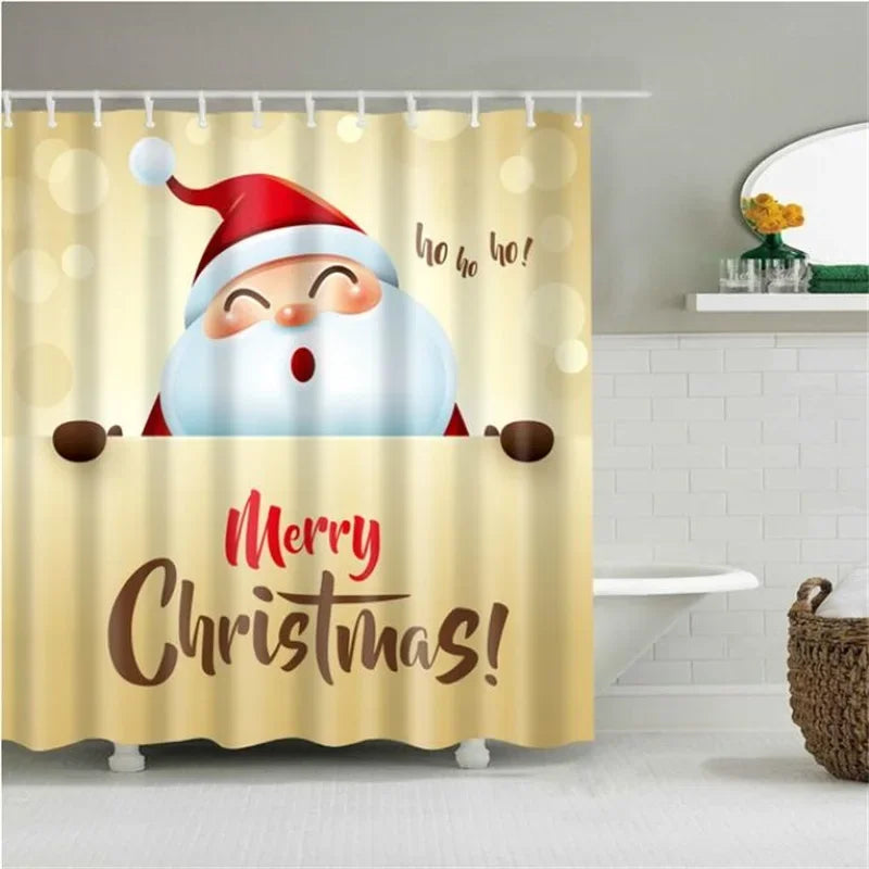 Christmas Shower Curtain with Snowman and Santa, Hooks Included