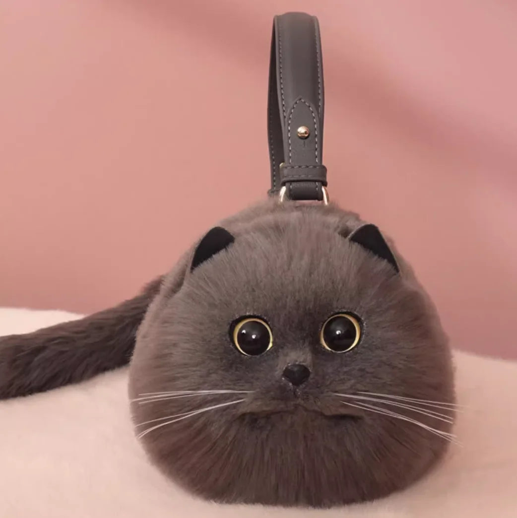 Realistic Fluffy Cat Handbag with Long Plush Tail